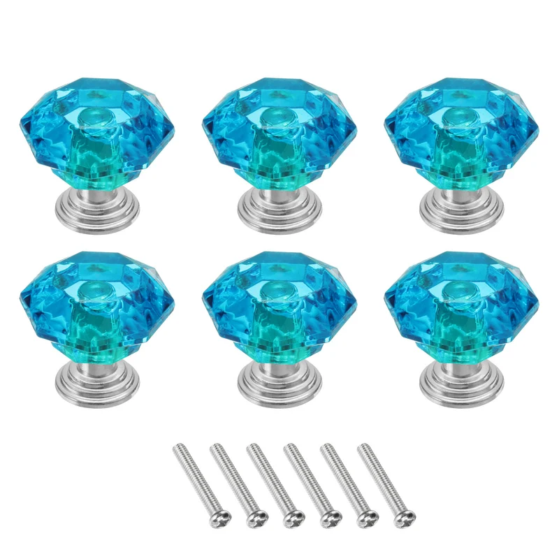 6Pcs Crystal Drawer Knobs 24 mm Dresser Knobs for Cupboard Blue Green/Silver