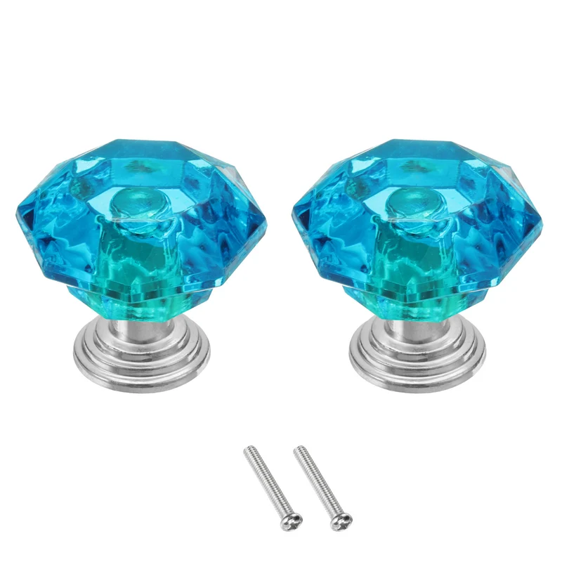 2 Pcs Crystal Drawer Knobs 24 mm Dresser Knobs for Cupboard Blue Green/Silver