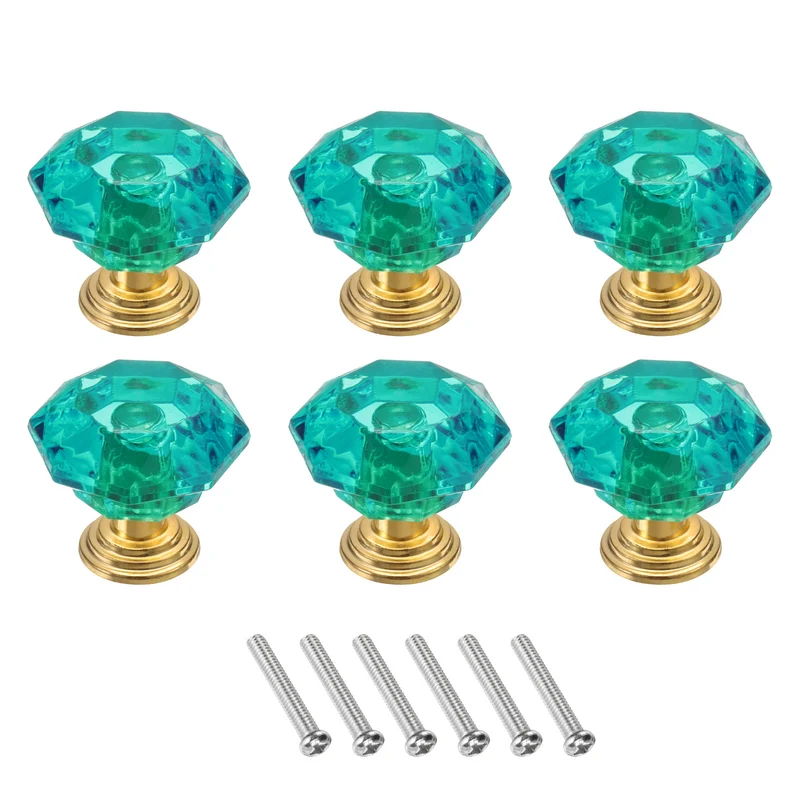 6Pcs Crystal Drawer Knobs 24 mm Dresser Knobs for Cupboard Blue Green/Gold