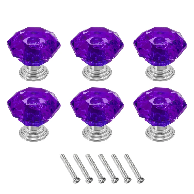 6Pcs Crystal Drawer Knobs 24 mm Dresser Knobs for Cupboard Purple/Silver