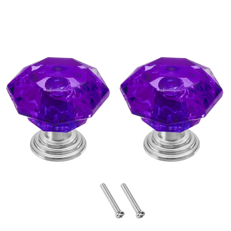 2 Pcs Crystal Drawer Knobs 24 mm Dresser Knobs for Cupboard Purple/Silver