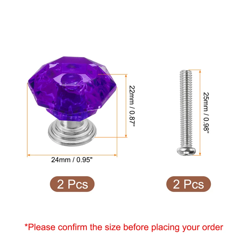 2 Pcs Crystal Drawer Knobs 24 mm Dresser Knobs for Cupboard Purple/Silver
