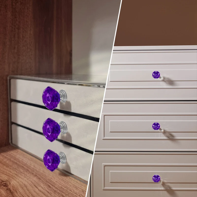 2 Pcs Crystal Drawer Knobs 24 mm Dresser Knobs for Cupboard Purple/Silver