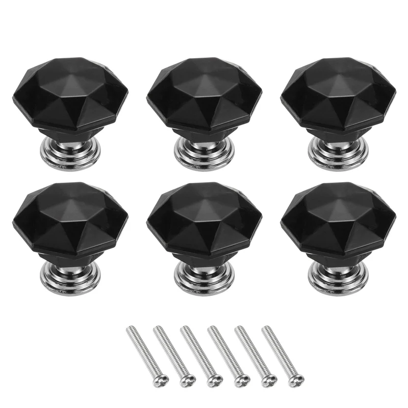 6Pcs Crystal Drawer Knobs 24 mm Dresser Knobs for Cupboard Black/Silver