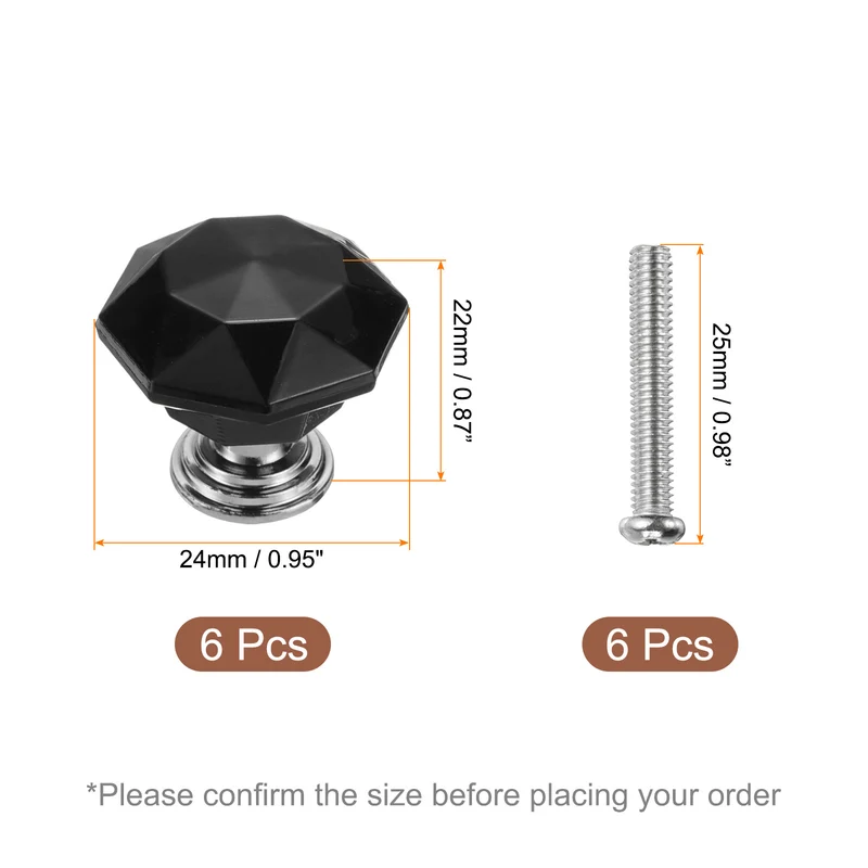 6Pcs Crystal Drawer Knobs 24 mm Dresser Knobs for Cupboard Black/Silver