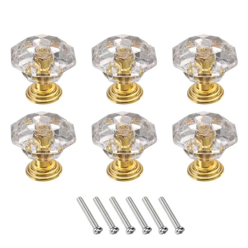 6 Pcs Crystal Drawer Knobs 24 mm Dresser Knobs for Cupboard, Clear/Gold