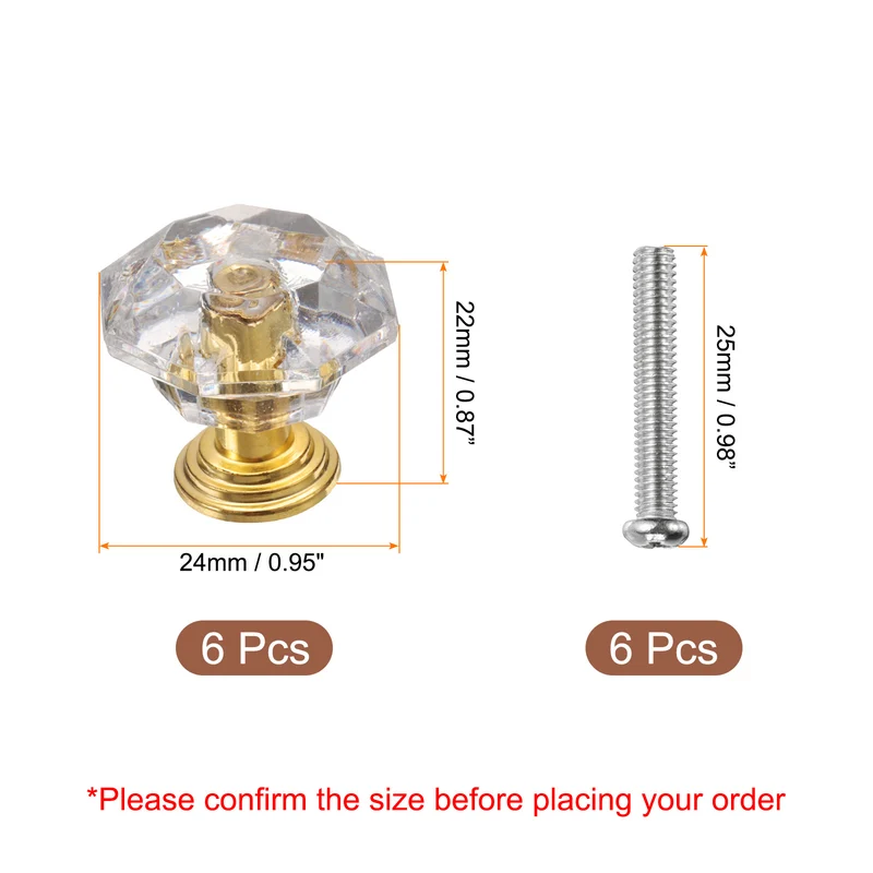 6 Pcs Crystal Drawer Knobs 24 mm Dresser Knobs for Cupboard, Clear/Gold