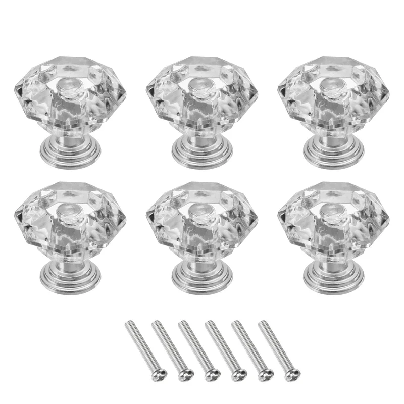 6Pcs Crystal Drawer Knobs 24 mm Dresser Knobs for Cupboard Clear/Silver