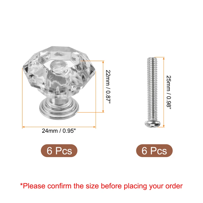 6Pcs Crystal Drawer Knobs 24 mm Dresser Knobs for Cupboard Clear/Silver