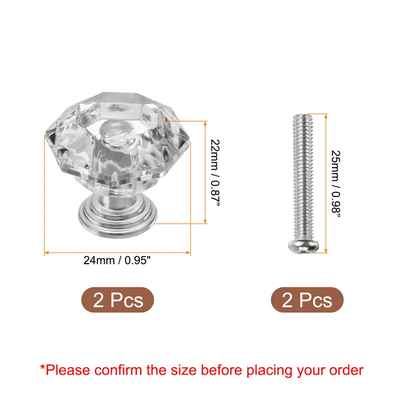 2Pcs Crystal Drawer Knobs 24 mm Dresser Knobs for Cupboard Clear/Silver
