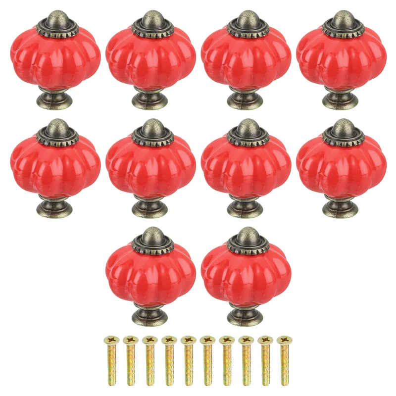 10pcs Red Pumpkin Knobs, Vintage Drawer Pulls with 10 Screws, Ceramic