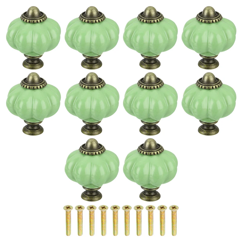 10pcs Lime Green Pumpkin Knobs, Vintage Drawer Pulls with 10 Screws, Ceramic