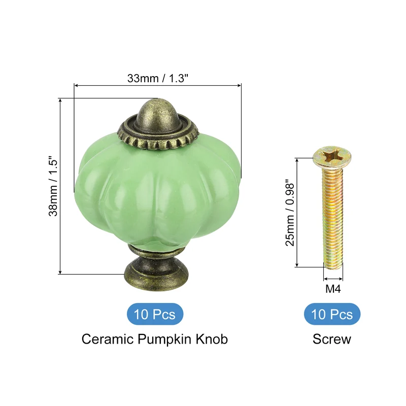 10pcs Lime Green Pumpkin Knobs, Vintage Drawer Pulls with 10 Screws, Ceramic