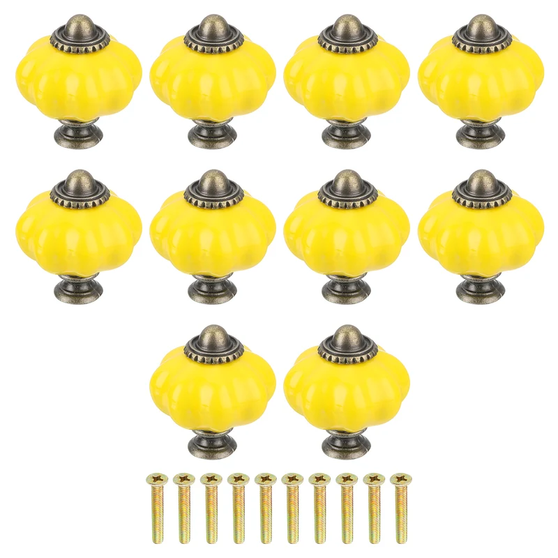 10pcs Lemon Yellow Pumpkin Knobs, Vintage Drawer Pulls with 10 Screws, Ceramic