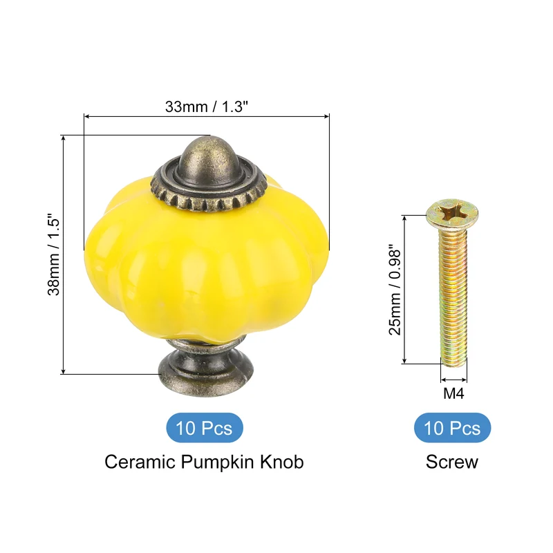 10pcs Lemon Yellow Pumpkin Knobs, Vintage Drawer Pulls with 10 Screws, Ceramic