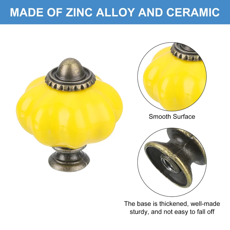 10pcs Lemon Yellow Pumpkin Knobs, Vintage Drawer Pulls with 10 Screws, Ceramic