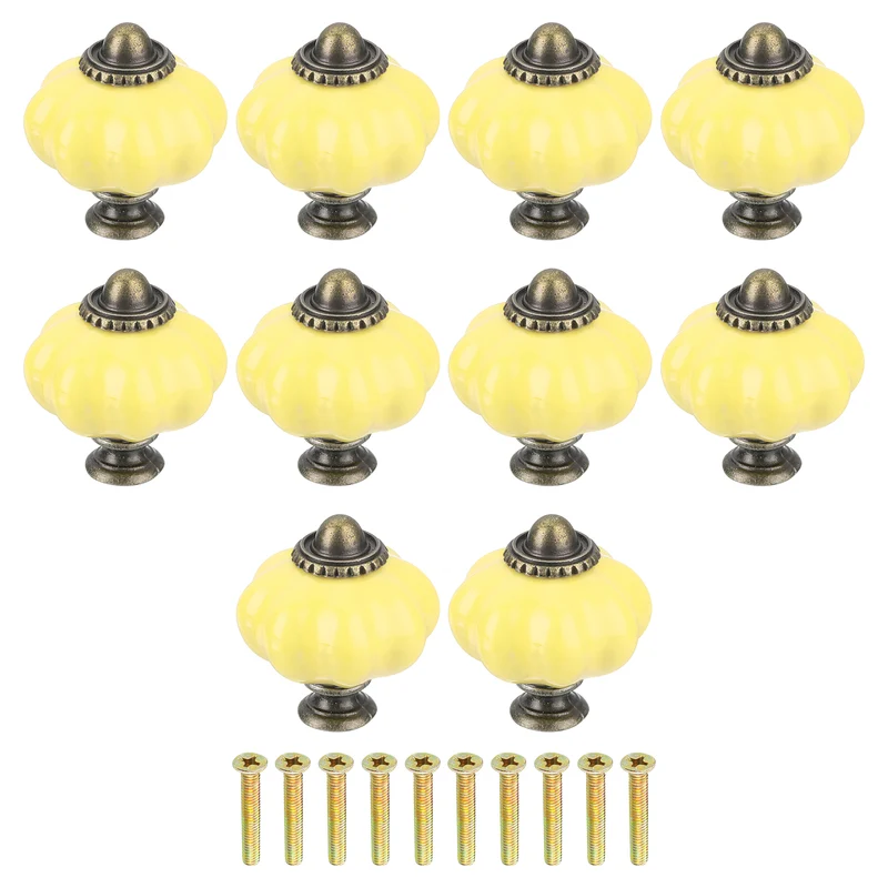 10pcs Yellow Pumpkin Knobs, Vintage Drawer Pulls with 10 Screws, Ceramic