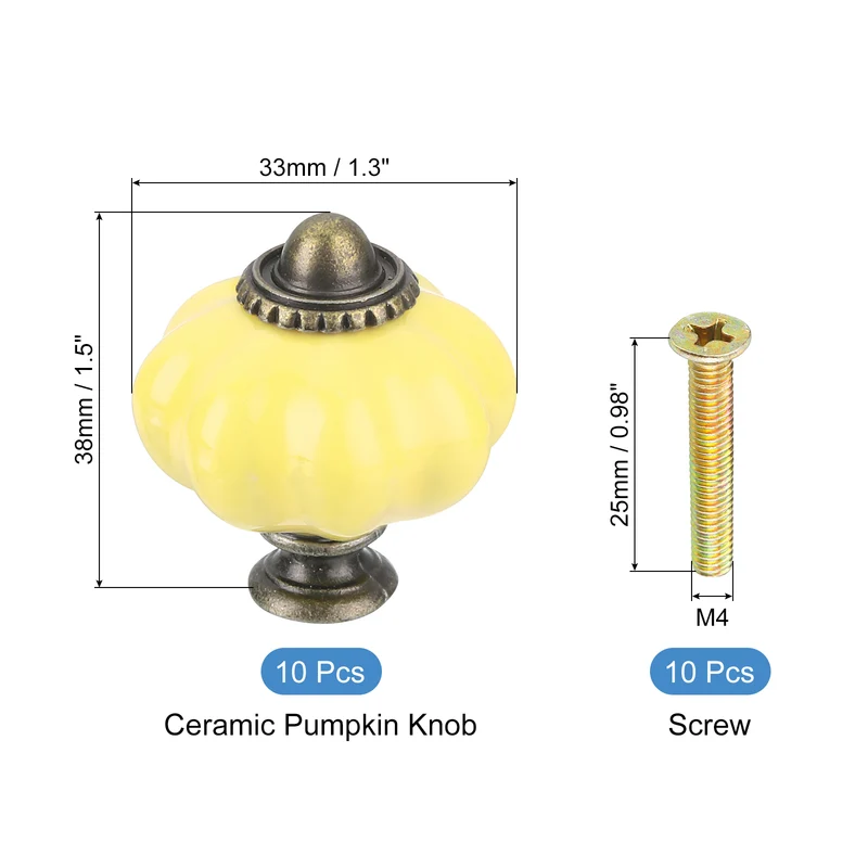 10pcs Yellow Pumpkin Knobs, Vintage Drawer Pulls with 10 Screws, Ceramic