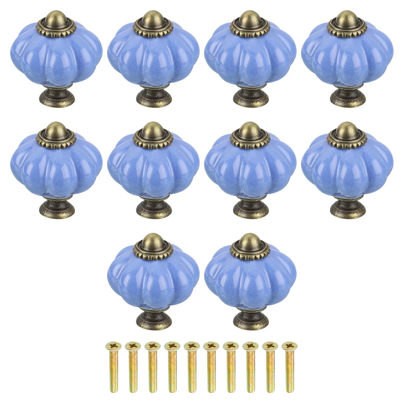 10pcs Blue Pumpkin Knobs Vintage Drawer Pulls with 10 Screws Ceramic