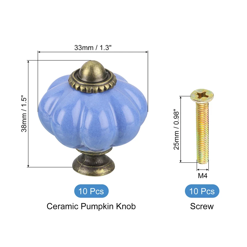 10pcs Blue Pumpkin Knobs Vintage Drawer Pulls with 10 Screws Ceramic