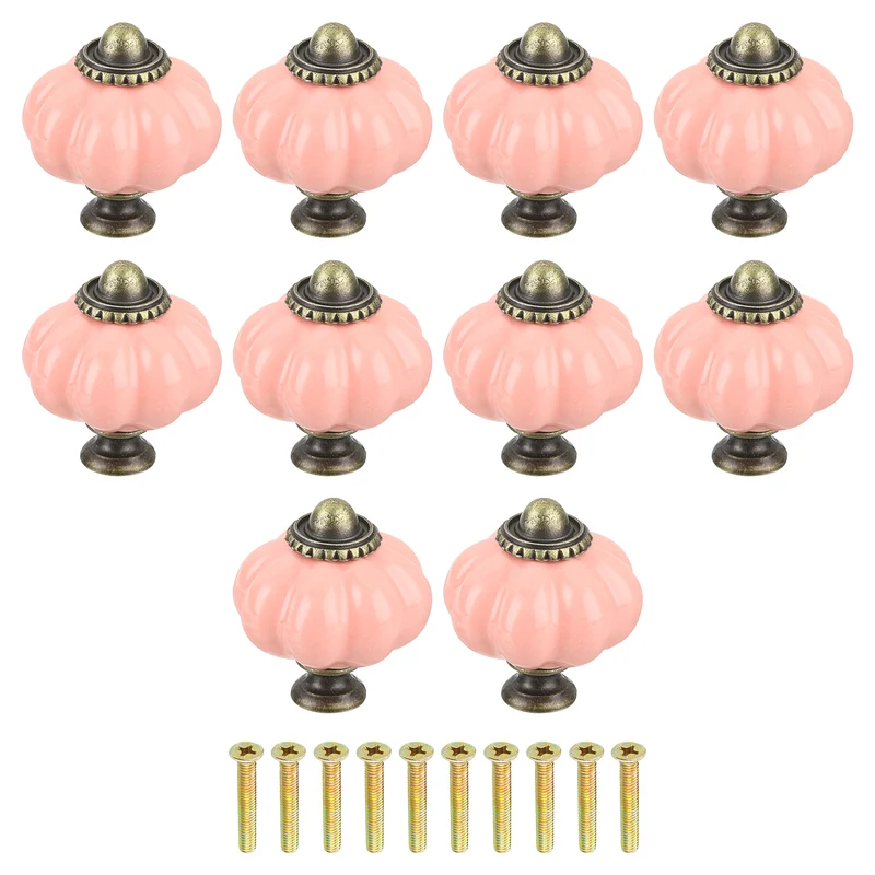 10pcs Pink Pumpkin Knobs Vintage Drawer Pulls with 10 Screws Ceramic