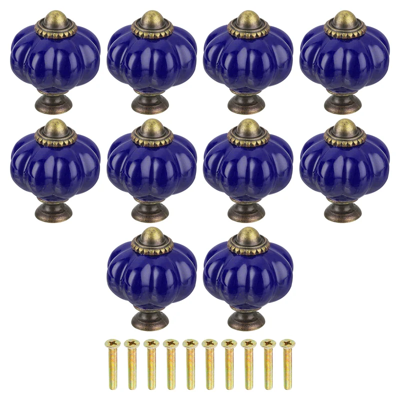 10pcs Navy Blue Pumpkin Knobs, Vintage Drawer Pulls with 10 Screws, Ceramic