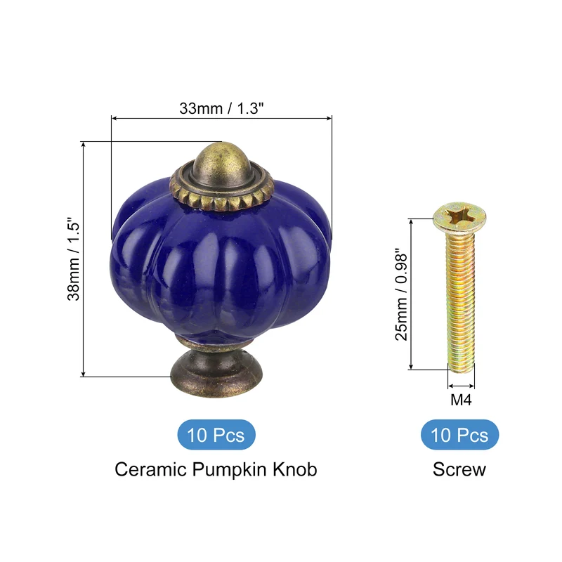 10pcs Navy Blue Pumpkin Knobs, Vintage Drawer Pulls with 10 Screws, Ceramic