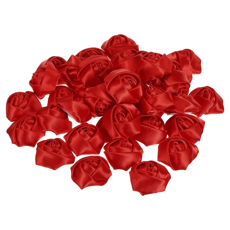 50Pcs Artificial Flowers Roses Heads Satin Rose Fabric Flowers Red