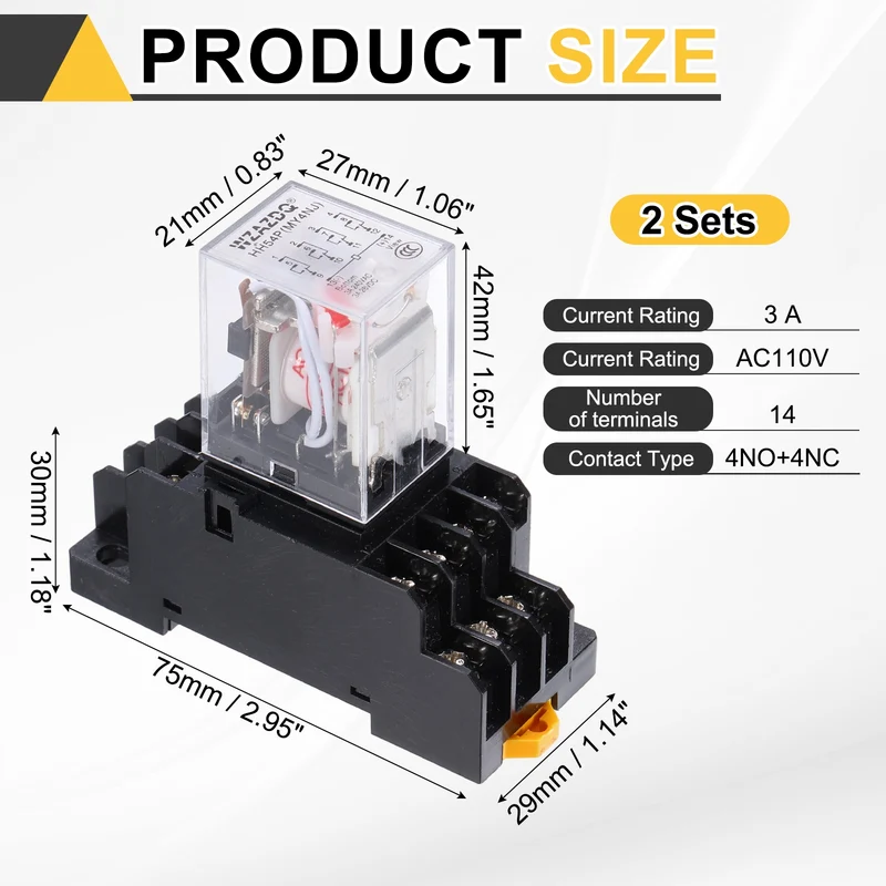 2Set AC110V Relay 14 Pin 3A DIN Rail Electromagnetic Power Relay