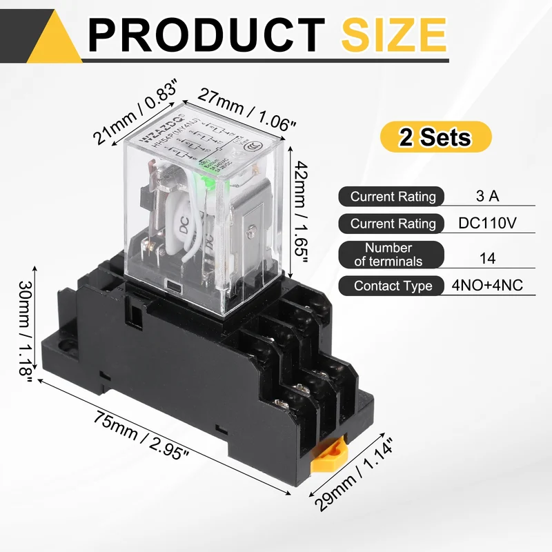 2Set DC110V Relay 14 Pin 3A DIN Rail Electromagnetic Power Relay