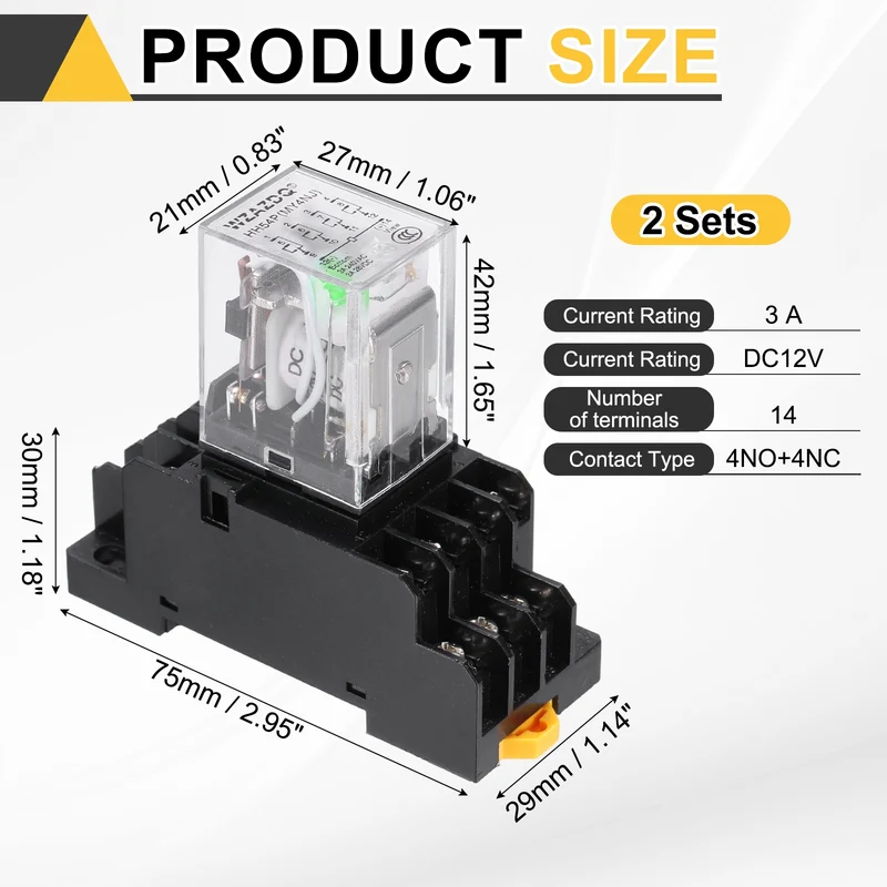 2Set DC12V Relay 14 Pin 3A DIN Rail Electromagnetic Power Relay