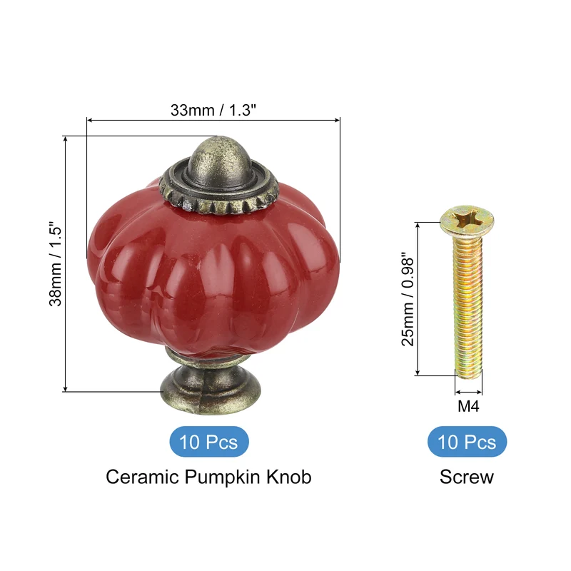 10pcs Dark Red Pumpkin Knobs, Vintage Drawer Pulls with 10 Screws, Ceramic
