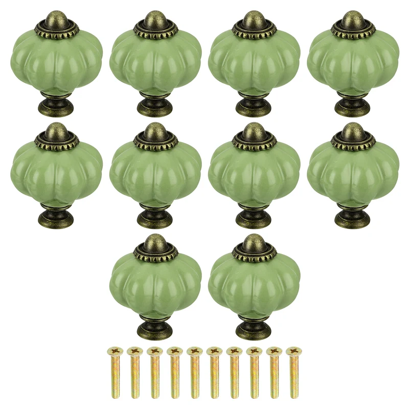 10pcs Grass Green Pumpkin Knobs Vintage Drawer Pulls with 10 Screws Ceramic)
