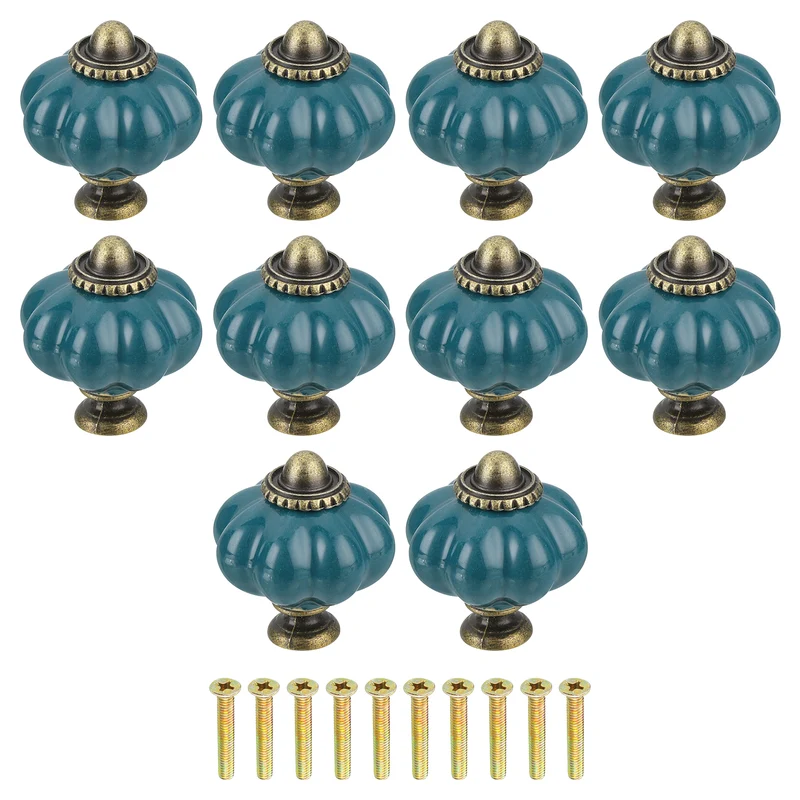 10pcs Teal Pumpkin Knobs Vintage Drawer Pulls with 10 Screws Ceramic