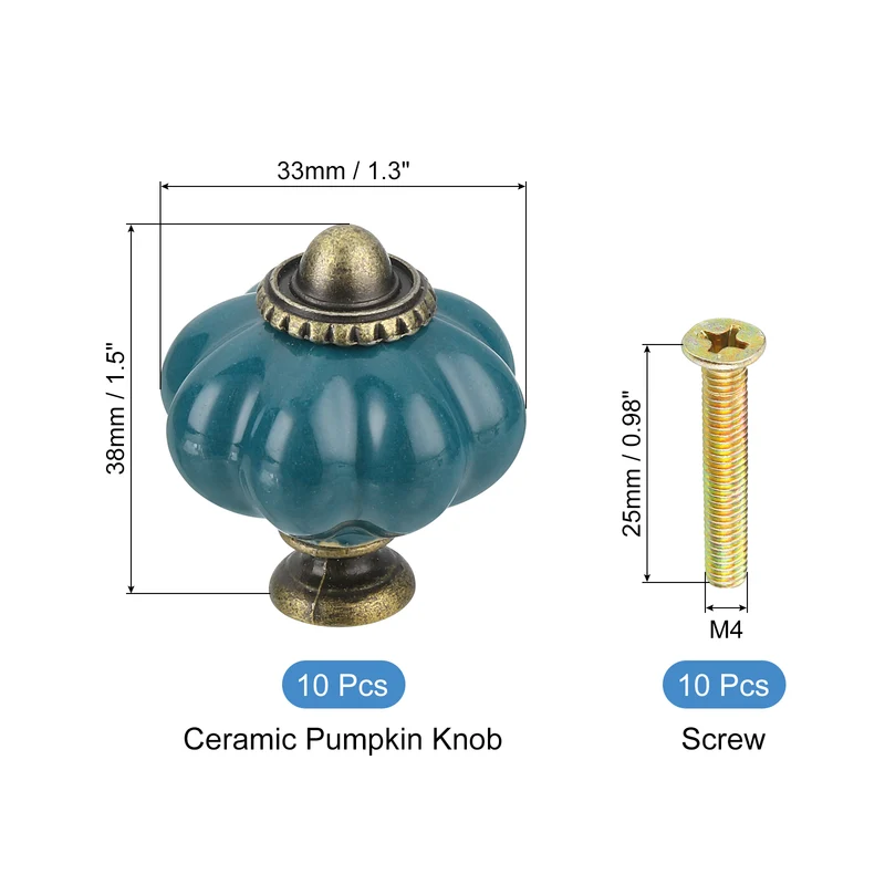 10pcs Teal Pumpkin Knobs Vintage Drawer Pulls with 10 Screws Ceramic
