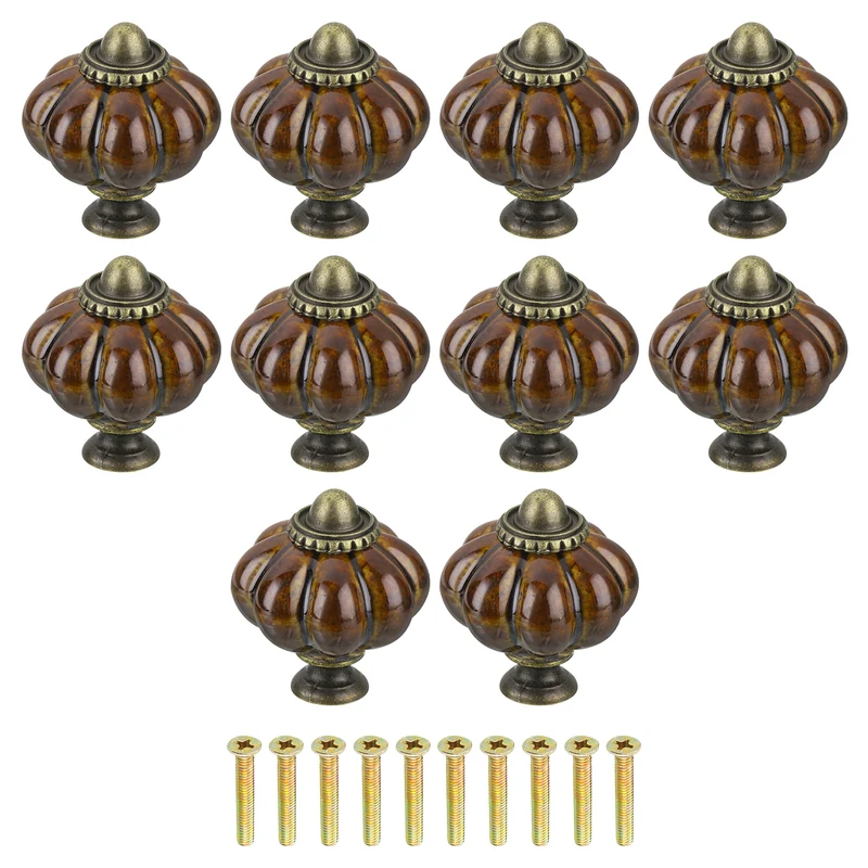 10pcs Coffee Pumpkin Knobs, Vintage Drawer Pulls with 10 Screws, Ceramic
