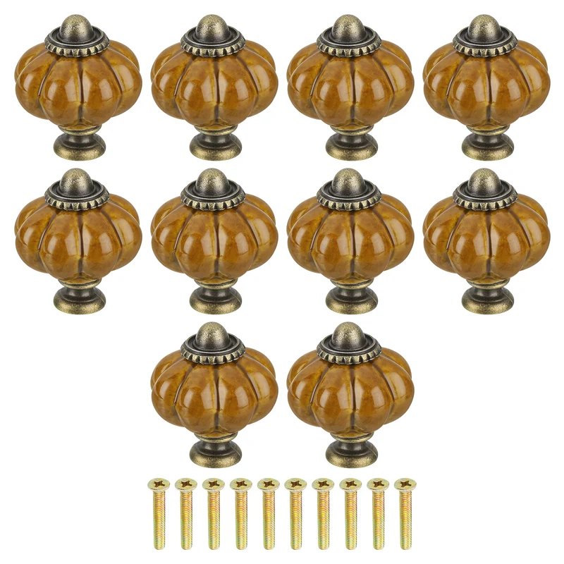 10pcs Brown Pumpkin Knobs Vintage Drawer Pulls with 10 Screws Ceramic