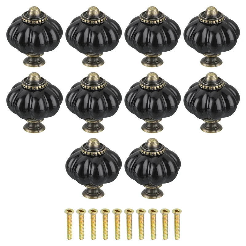10pcs Black Pumpkin Knobs Vintage Drawer Pulls with 10 Screws Ceramic