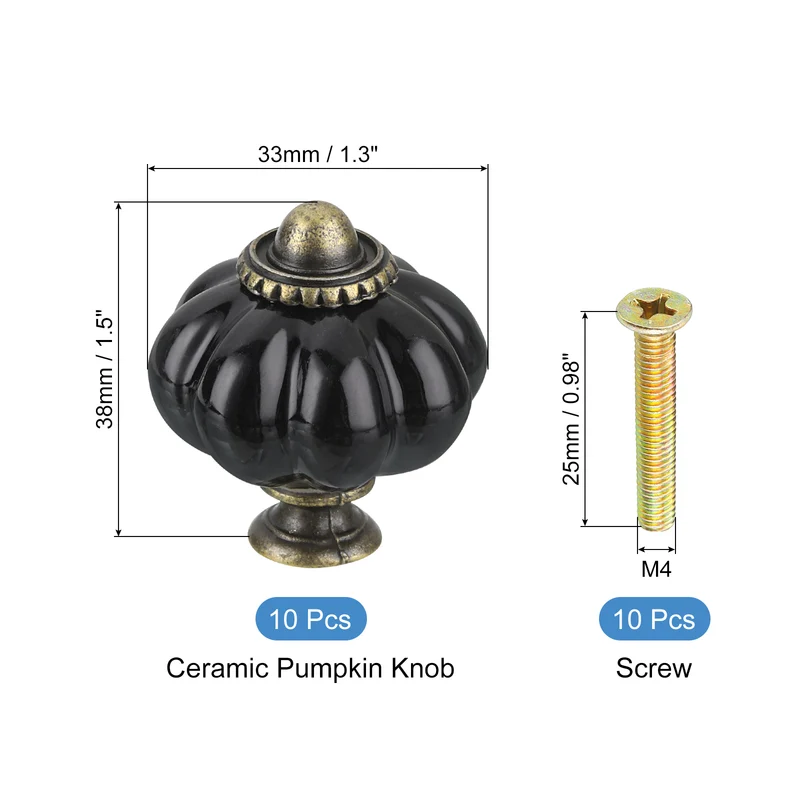 10pcs Black Pumpkin Knobs Vintage Drawer Pulls with 10 Screws Ceramic