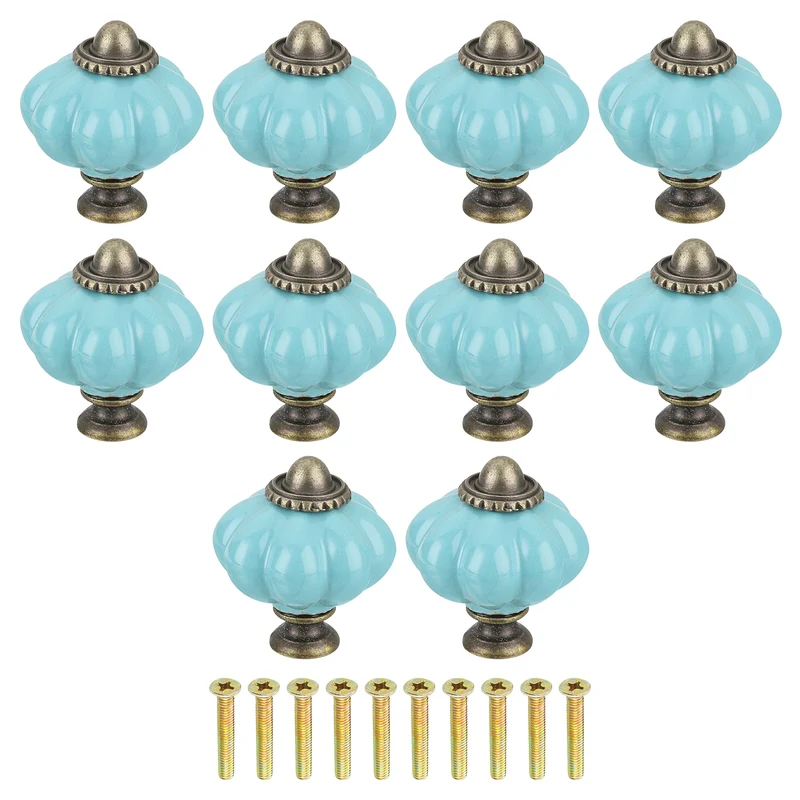 10pcs Celadon Pumpkin Knobs Vintage Drawer Pulls with 10 Screws Ceramic