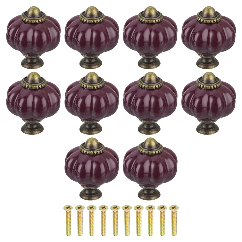 10pcs Dark Purple Pumpkin Knobs, Vintage Drawer Pulls with 10 Screws, Ceramic