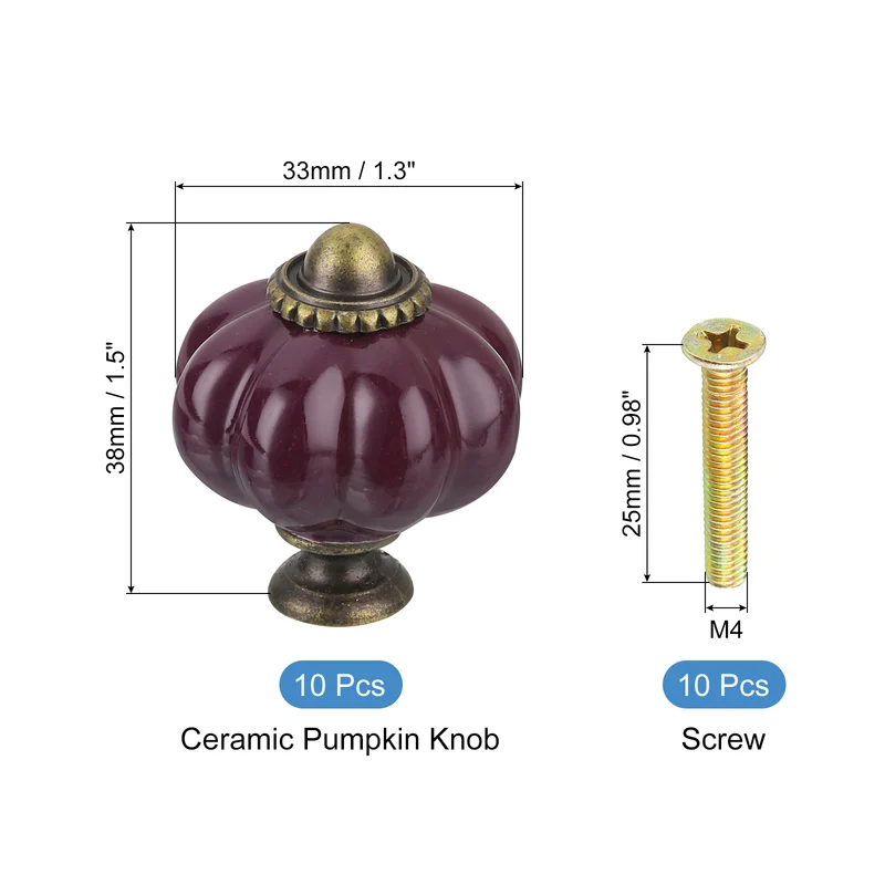 10pcs Dark Purple Pumpkin Knobs, Vintage Drawer Pulls with 10 Screws, Ceramic