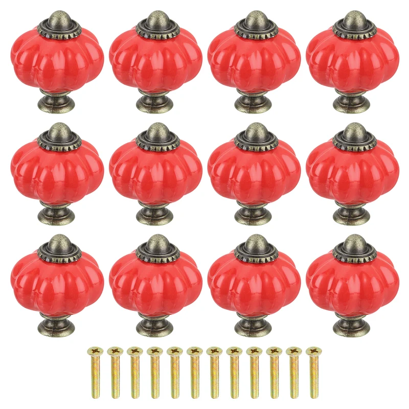 12pcs Red Pumpkin Knobs, Vintage Drawer Pulls with 12 Screws, Ceramic