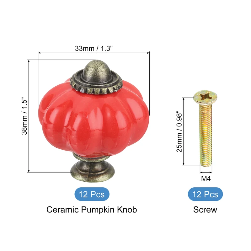 12pcs Red Pumpkin Knobs, Vintage Drawer Pulls with 12 Screws, Ceramic