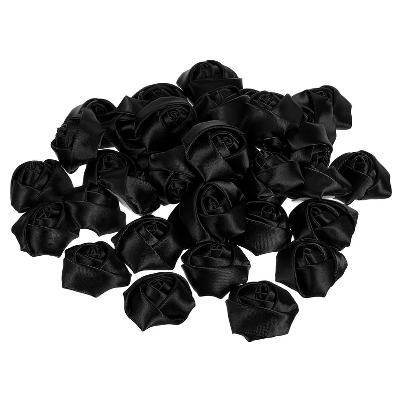 30Pcs Artificial Flowers Roses Heads Satin Rose Fabric Flowers Black