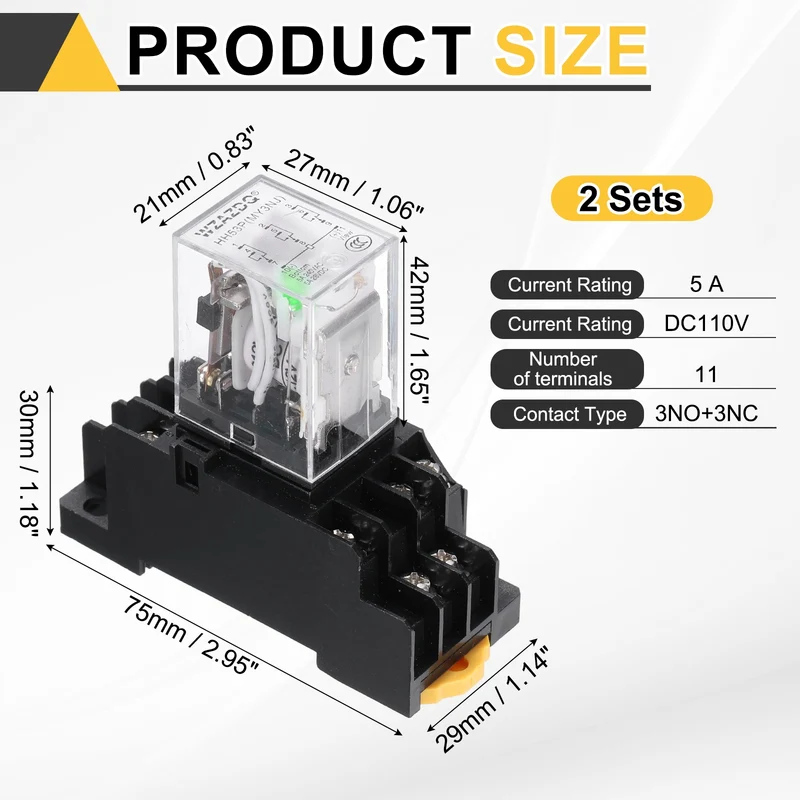 2Set DC110V Relay 11 Pin 5A DIN Rail Electromagnetic Power Relay