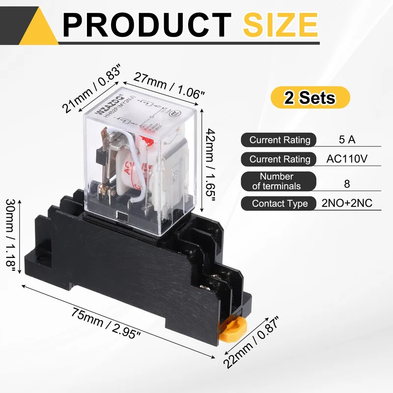2Set AC110V Relay 8 Pin 5A DIN Rail Electromagnetic Power Relay