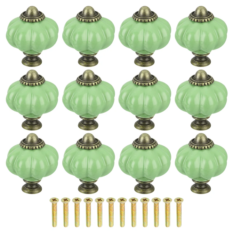 12pcs Lime Green Pumpkin Knobs Vintage Drawer Pulls with 12 Screws Ceramic