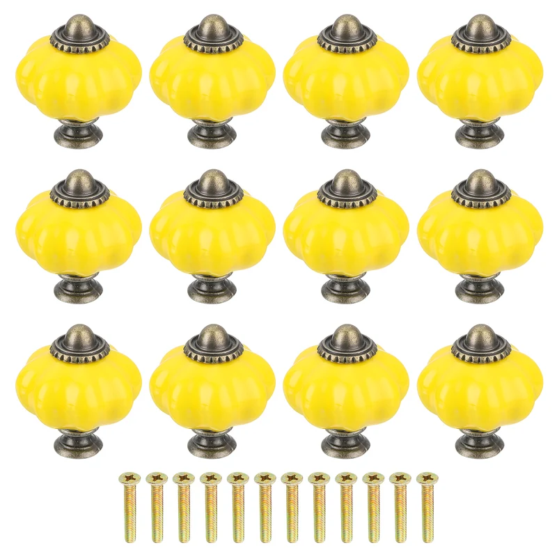 12pcs Lemon Yellow Pumpkin Knobs, Vintage Drawer Pulls with 12 Screws, Ceramic