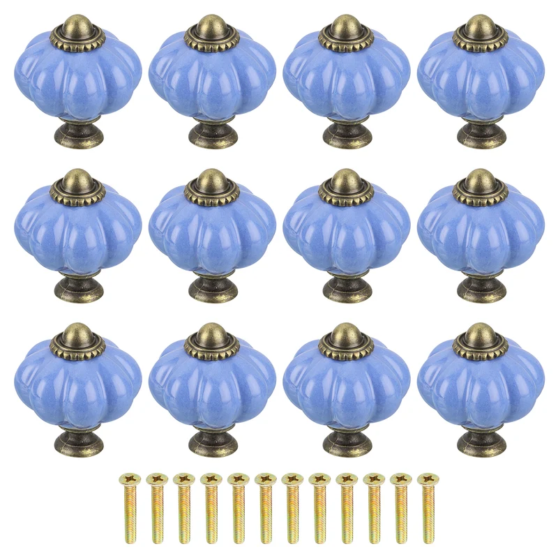 12pcs Blue Pumpkin Knobs, Vintage Drawer Pulls with 12 Screws, Ceramic